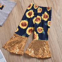 Girls Sunflower Flared Sleeve Love Top & Sequin Bell Pants Wholesale Girls - PrettyKid