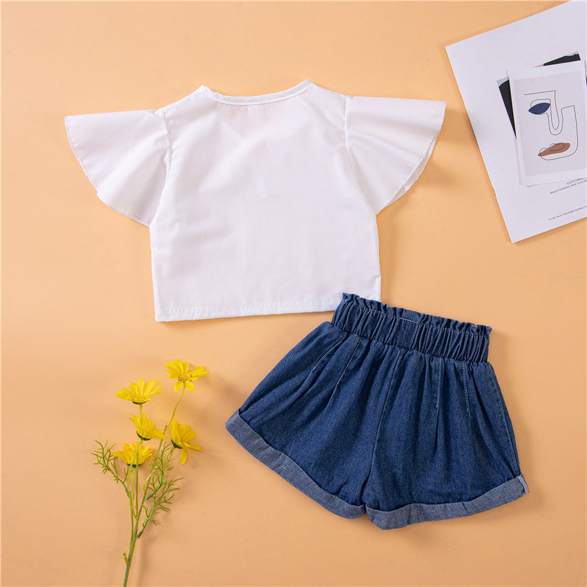 2-7Y Toddler Girls Outfits Sets Flutter Sleeve White Tops And Denim Shorts Wholesale Little Girl Clothing - PrettyKid