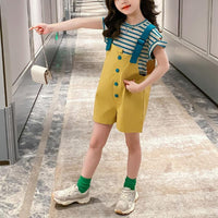 Girl Striped T-shirt & Suspender Shorts - PrettyKid