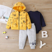 Baby Boys Cartoon Yellow Car Print Coat Jumpsuit Pants Set Wholesale Baby Clothes Online - PrettyKid