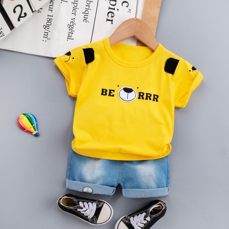 Toddler Boy Letter Print Cartoon Bear Pattern T-Shirt & Shorts - PrettyKid