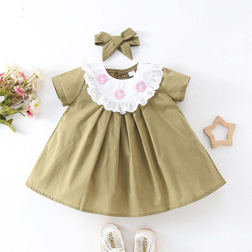 3-24M Embroidered Lace Short Sleeve Colorblock Dress Wholesale Baby Clothes - PrettyKid