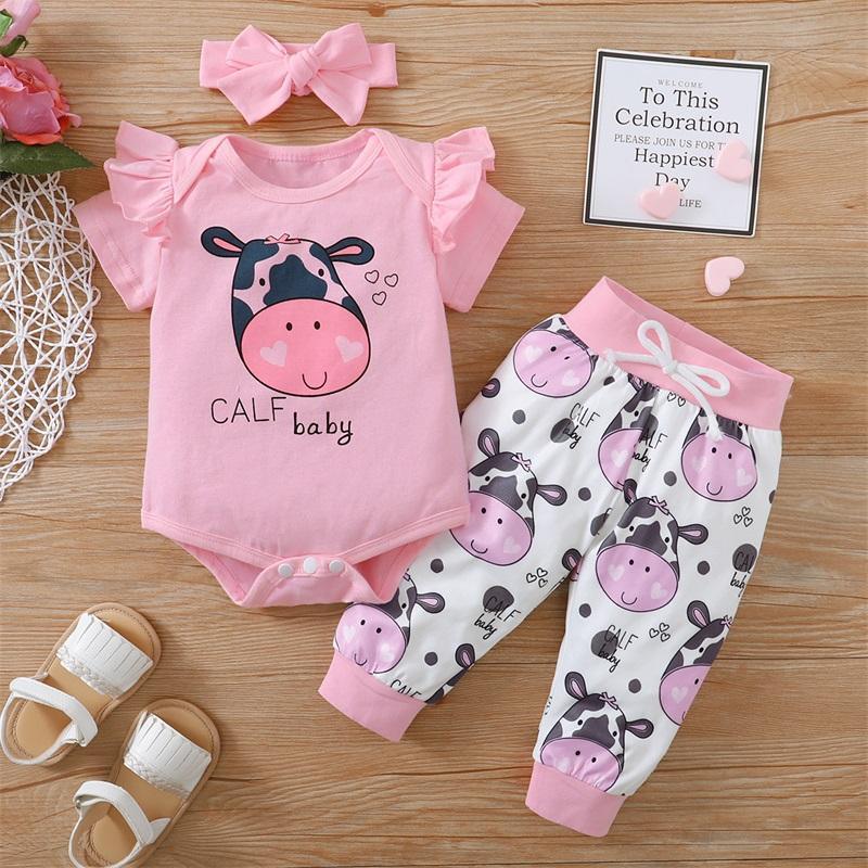 Baby Girl Cow Pattern Ruffle Trim Bodysuit & Printed Pants & Headband - PrettyKid