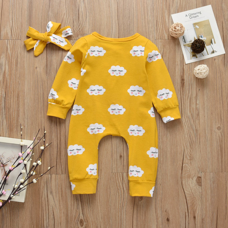 Cute Yellow Cloud Smiley Printed Long-sleeve Jumpsuit - PrettyKid