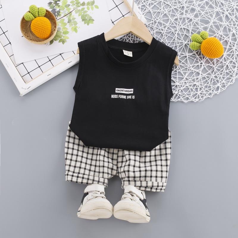 Toddler Boy Letter Print Wing Pattern Sleeveless Top & Plaid Shorts - PrettyKid