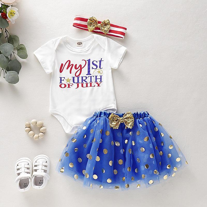 Baby Girl Independence Day Romper & Tutu Mesh Skirt & Bowknot Headband - PrettyKid