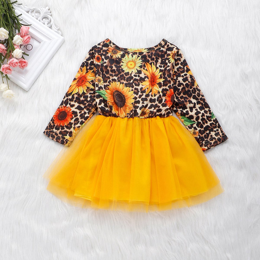 Toddler Girls Long Sleeve Dress Leopard Mesh Princess Dress - PrettyKid
