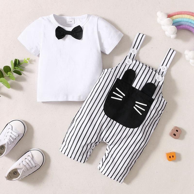 Baby Boy Bow Tie Decor T-shirt & Cartoon Cat Pattern Striped Overalls - PrettyKid