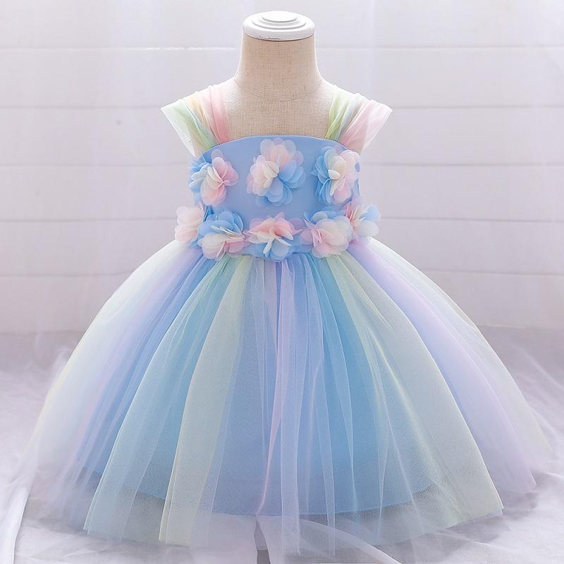 Toddler Girl 3D Flower Decor Color-block Sleeveless Mesh Formal Dress - PrettyKid