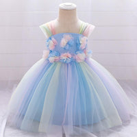 Toddler Girl 3D Flower Decor Color-block Sleeveless Mesh Formal Dress - PrettyKid