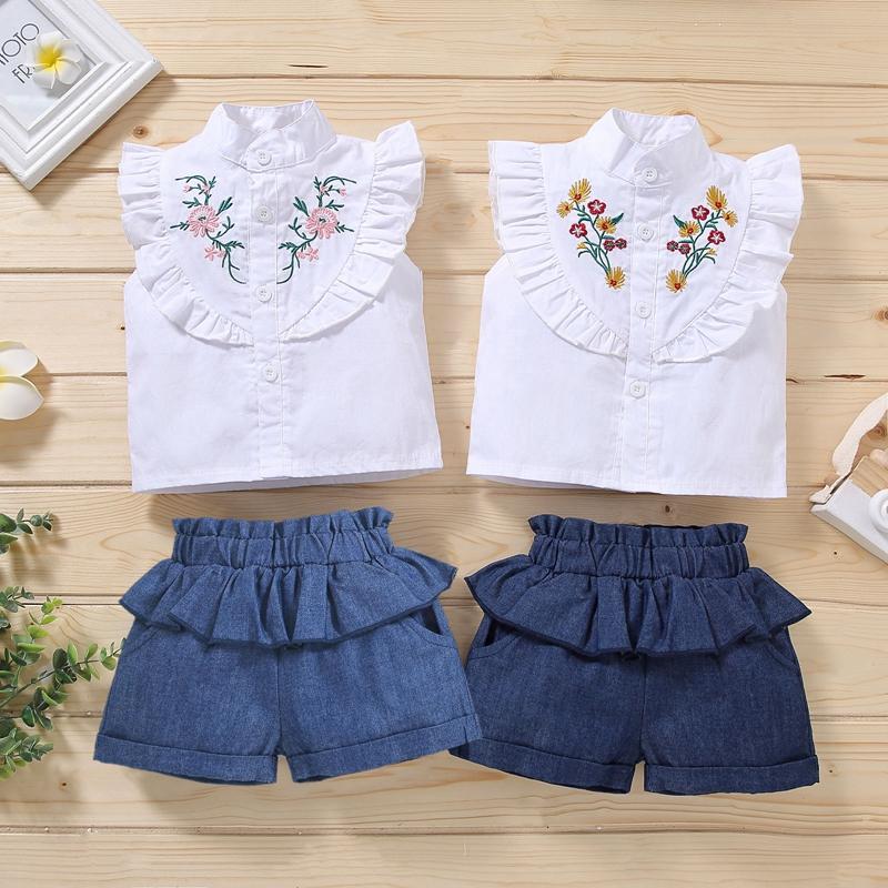 Grow Girl Sleeveless Embroidery Floral Top & Denim Shorts - PrettyKid