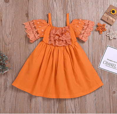 Fashionable Girls Ruffle Trim Solid Color Lace Suspender Dress - PrettyKid