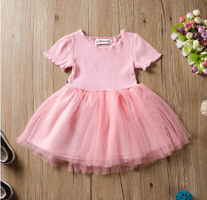 Fashionable Girls Solid Color Short Sleeve Splice Mesh Dress - PrettyKid