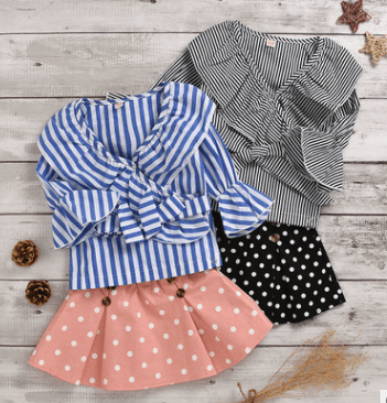 Stylish Girls Striped V-Neck Flared Sleeve Top And Polka Dot Skirt - PrettyKid