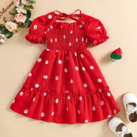 18M-6Y Toddler Girls Polka Dots Puff Sleeve Smocked Dresses Wholesale Girls Fashion Clothes