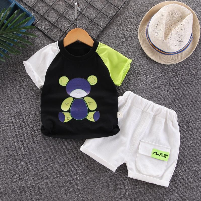 Toddler Boy Contrast Colored Sleeves Bear Prints Top & Shorts - PrettyKid