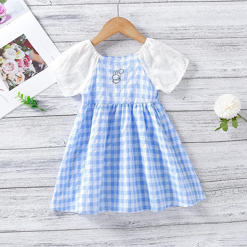 Toddler Girl Rabbit Pattern Hollow Print Sleeve Plaid Dress - PrettyKid