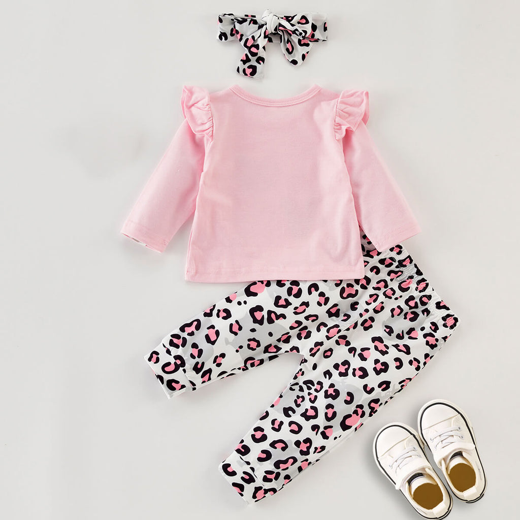 Toddler Girl Leopard Letter Print T-shirt&Trousers&Headband - PrettyKid