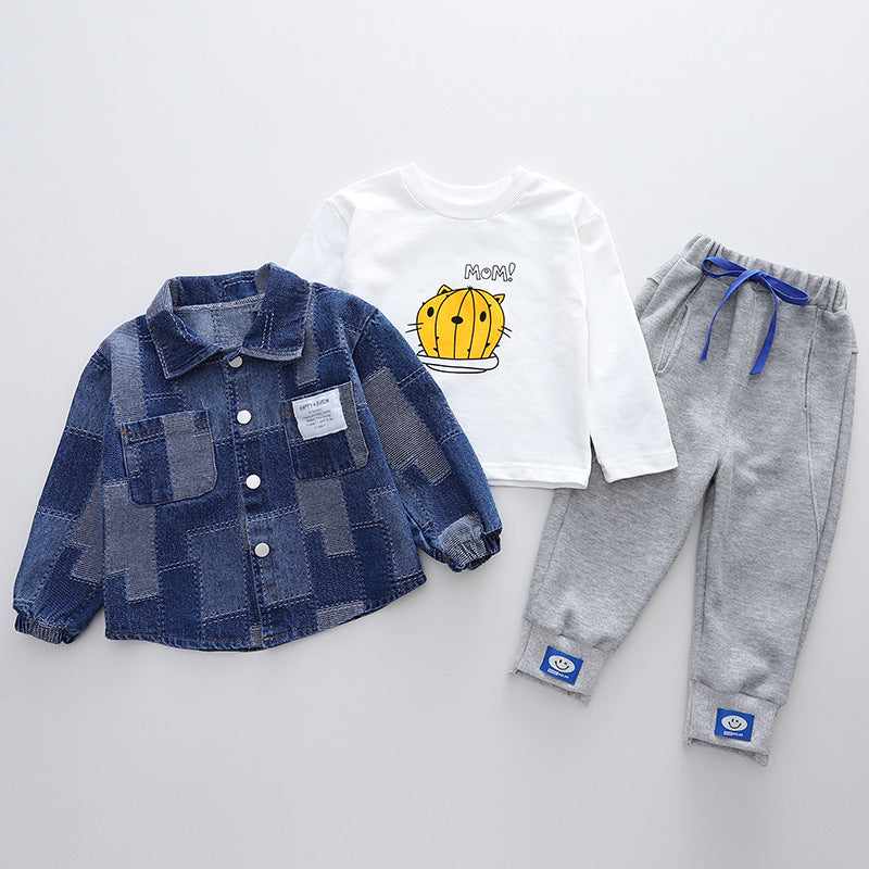 Check Pocket Jacket And T-Shirt And Sweatpants Toddler Boy Outfit Sets - PrettyKid