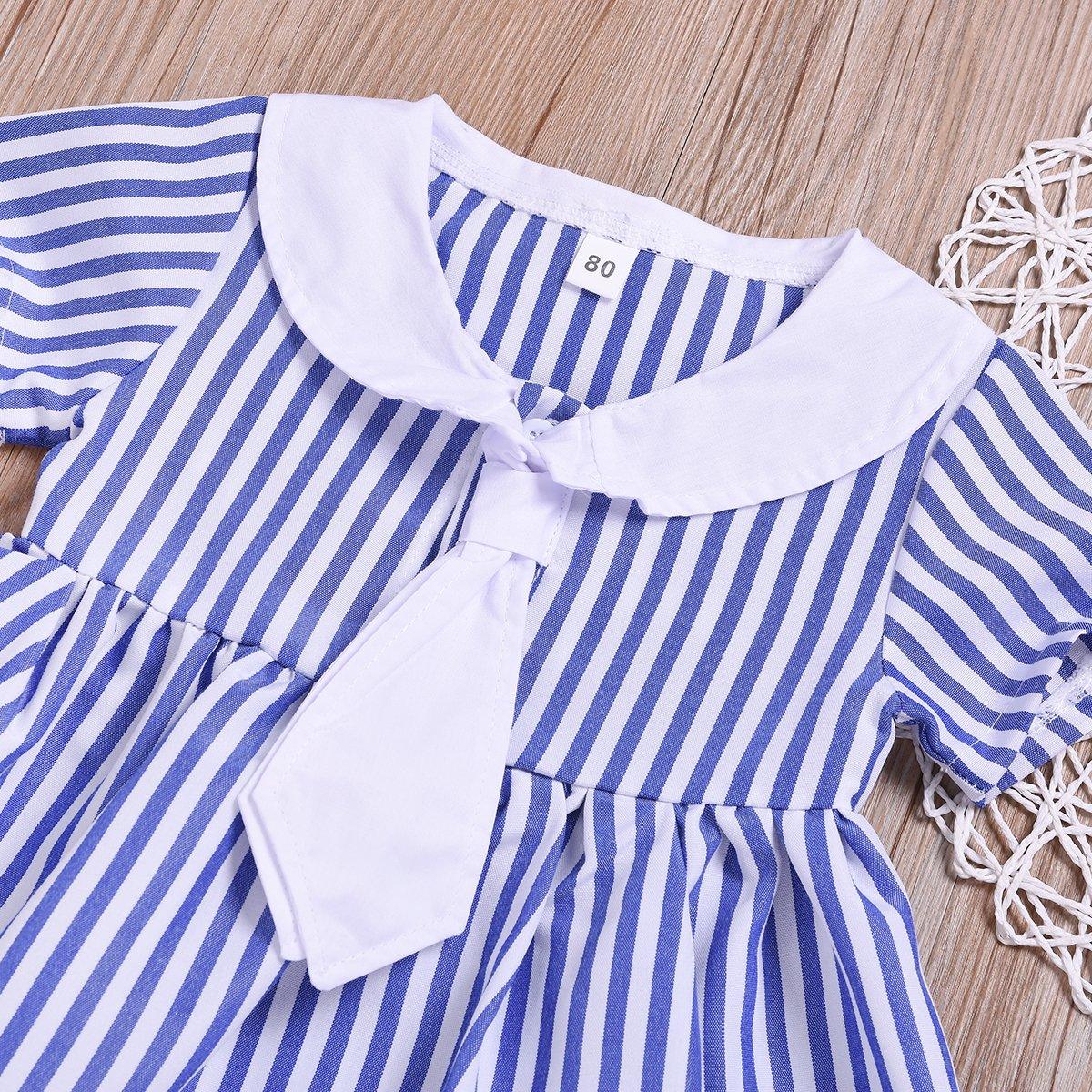 Toddler Girls Blue Striped Doll Collar Princess Dress - PrettyKid