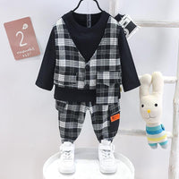 baby girl dresses wholesale Toddler Boy Solid Color T-shirt & Plaid Vest & Pants - PrettyKid