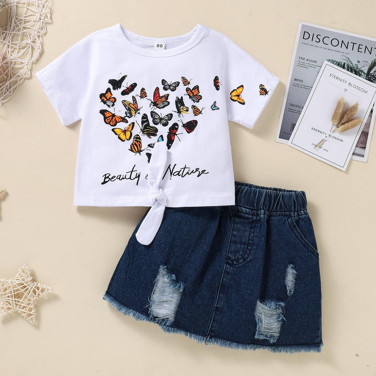 Butterfly Print T-Shirt And Ripped Denim Skirt Girl Toddler Outfit Sets - PrettyKid