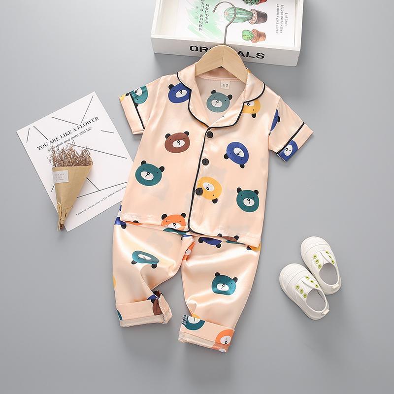 Satin Fabrics Silk-like Cartoon Animal Printed Pajamas Set Wholesale children's clothing - PrettyKid