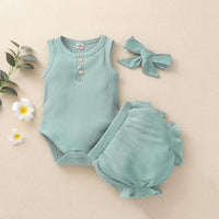 Baby Girl 3pcs Solid Pattern Suit Bodysuit & Short & Headhand - PrettyKid