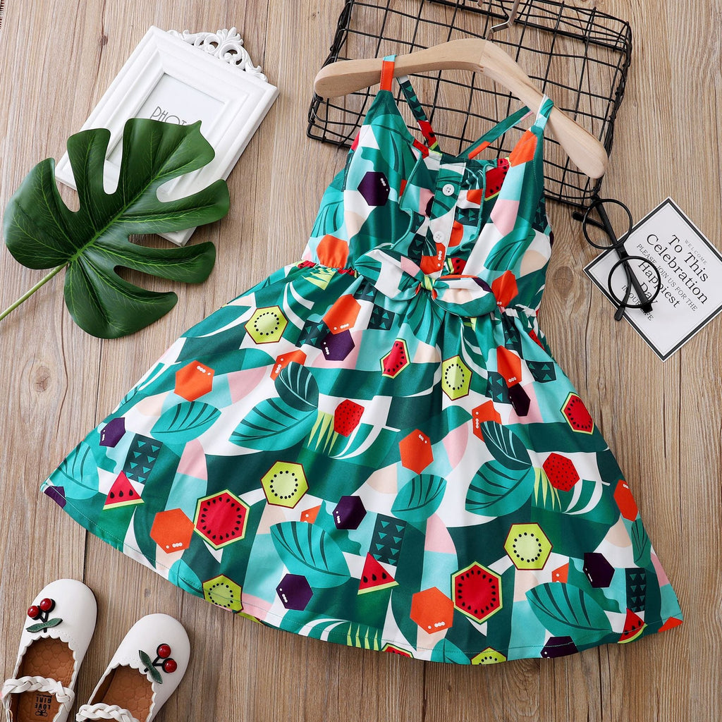 1-5Y Toddler Girls Fruit Leaves Print Cami Dresses Wholesale Girls Clothes - PrettyKid