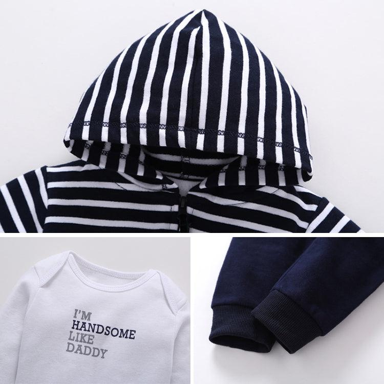 Autumn/ Winter Baby Long-sleeved Hooded Garb Striped Jacket Khaki Pants Three-piece Set Wholesale Baby Clothes Bulk - PrettyKid