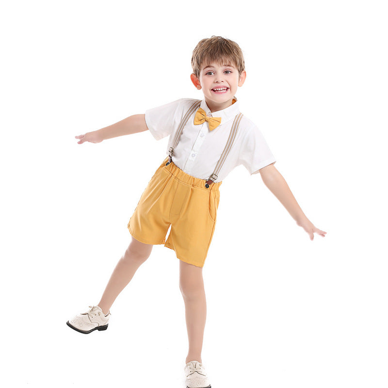 Boy Shirt With Bow And Suspender Shorts Toddler Boy Sets - PrettyKid