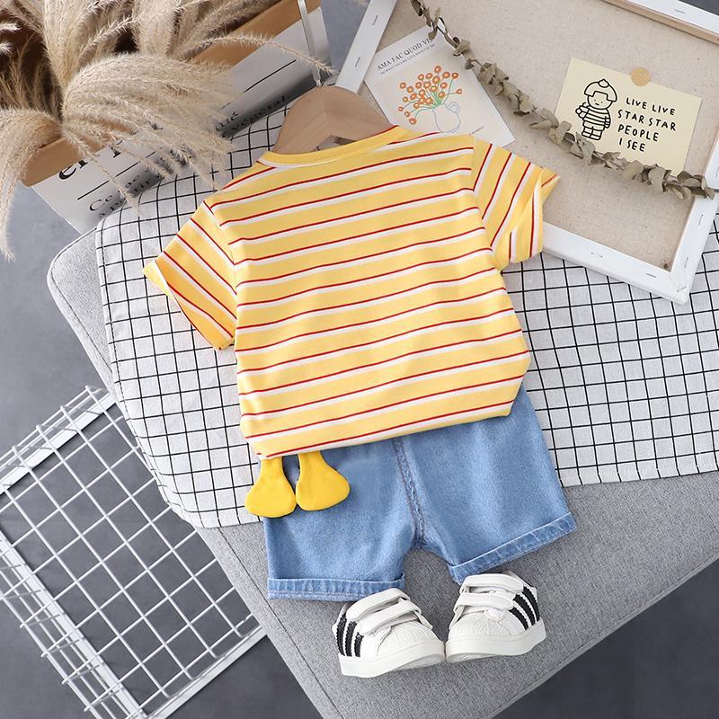 Grow Boy Lovely Giraffe Color Stripes Top & Denim Shorts - PrettyKid