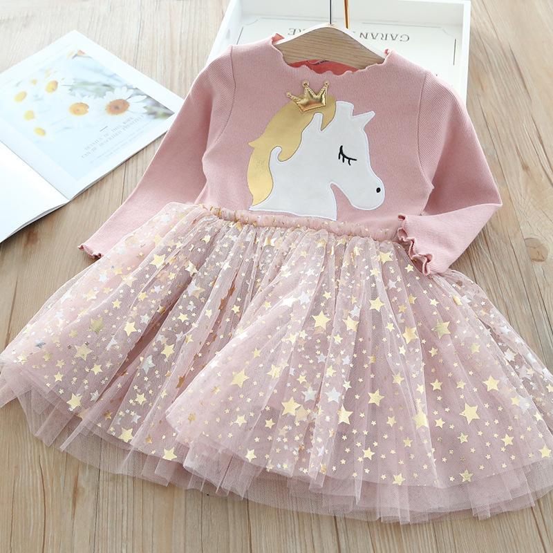 Cartoon Long-sleeved Star Pattern Mesh Dress for Toddler Girl - PrettyKid