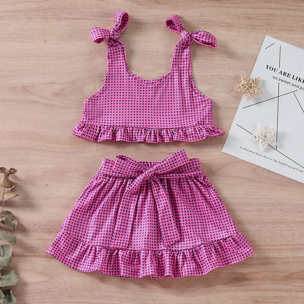 9M-4Y Toddler Girls Clothing Sets Plaid Ruffle Hem Cami Top & Skirts Wholesale Little Girl Clothing - PrettyKid