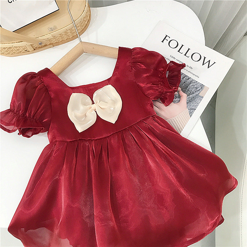 18months-6years Toddler Girl Dresses Girls' Bow Dress Children's Puff Sleeves Red Princess Baby Summer - PrettyKid