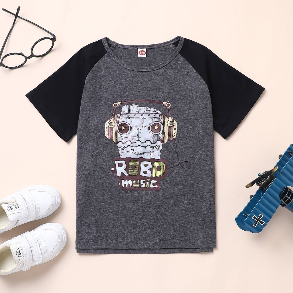 Big Girls And Boys Robot Printing Short Sleeve Color Blocking T-Shirt Wholesale Tops For Kids - PrettyKid