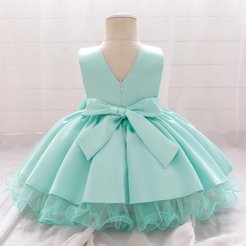 Baby Girl Solid Color Bow Decor Sleeveless Mesh Hem Formal Dress - PrettyKid