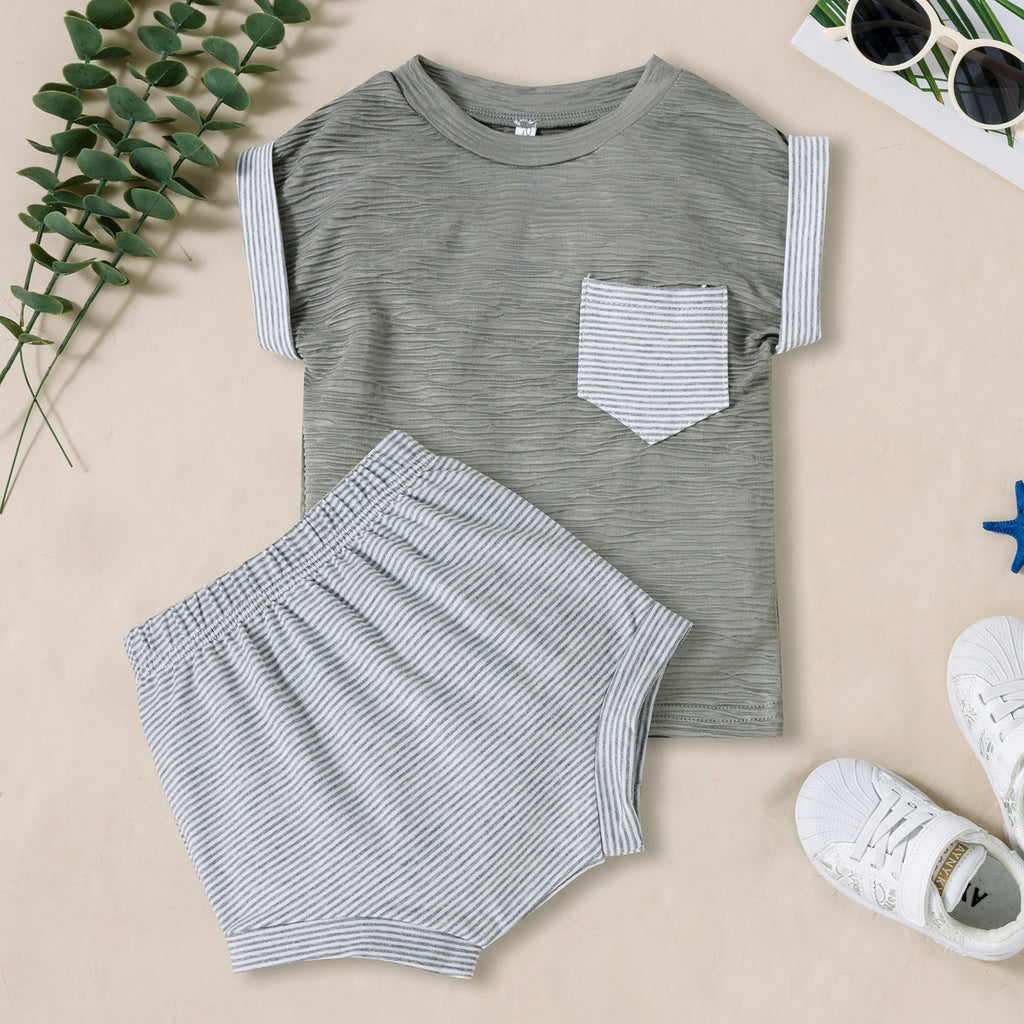 Baby Boy Short Sleeve Pocket T-Shirt And Striped Shorts Two Piece Baby Sets - PrettyKid