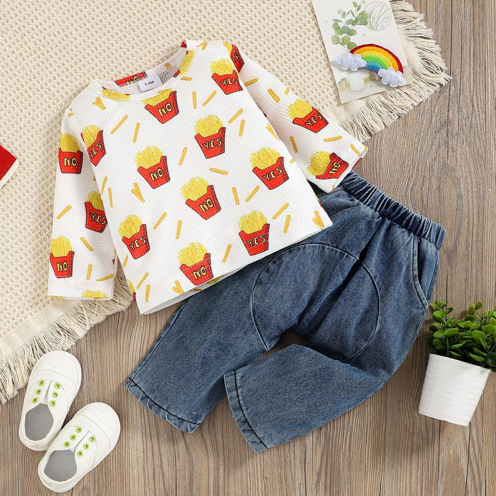 Boys Long Sleeve Waffle French Fries Pullover Denim Trousers Wholesale Two Piece Baby Sets - PrettyKid