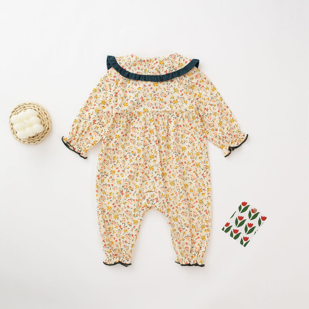 Contrast Collar Floral Baby Girl Jumpsuit - PrettyKid
