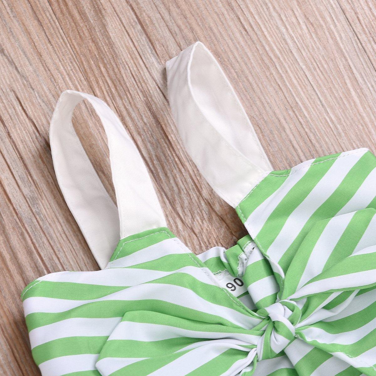 Toddler Girls Green Striped Princess Dress Bow Suspender Dress - PrettyKid