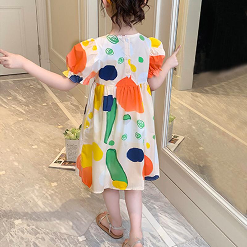 Girl Colorful Dot Print Puff Sleeve Dress - PrettyKid
