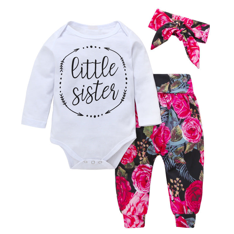 Baby Girl Monogram Print Bodysuit And Trousers With Headband Baby Girl Outfit Sets KS125932 - PrettyKid