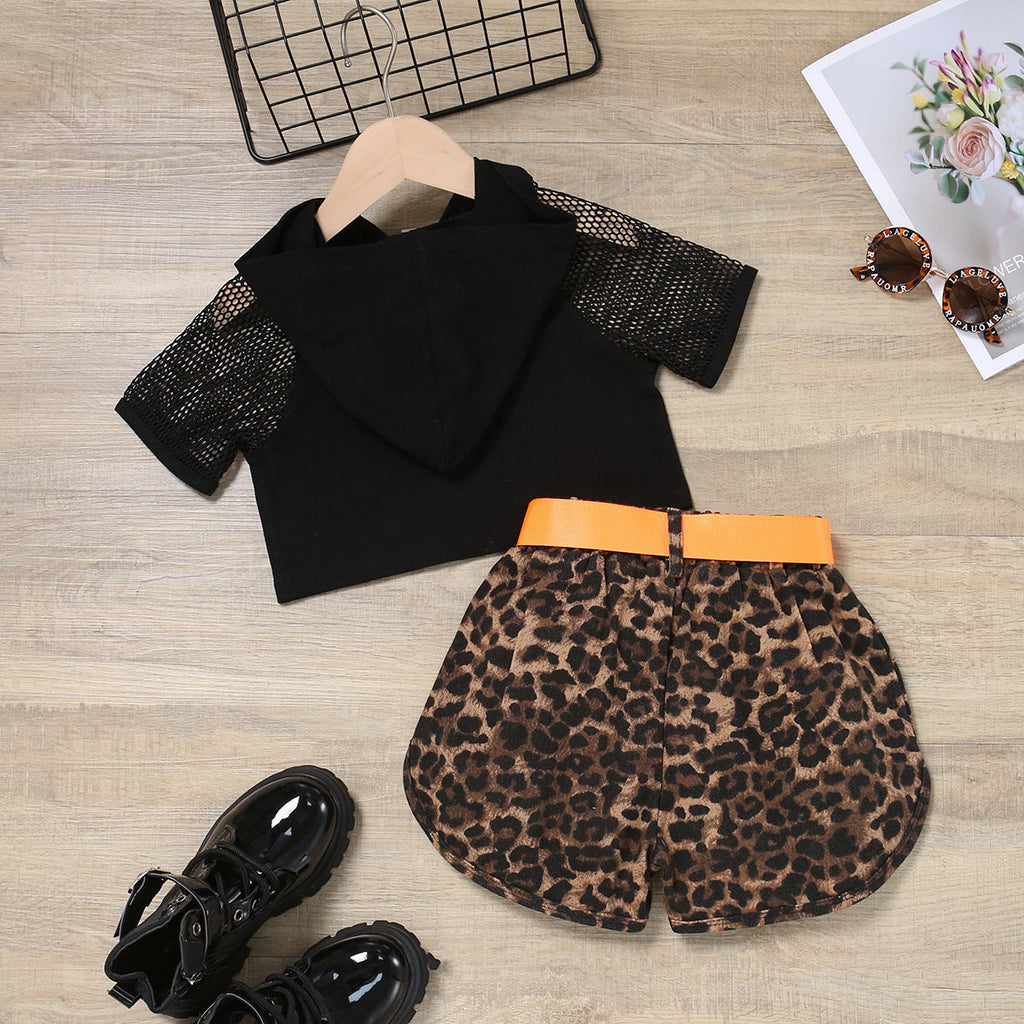 18M-6Y Toddler Girls Letter Hollow Top & Belt Leopard Print Shorts Wholesale Girls Fashion Clothes - PrettyKid