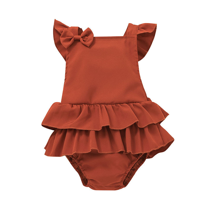 Baby Girl Flying Sleeve Solid Color Bodysuit And Headband Baby Girl Jumpsuit - PrettyKid