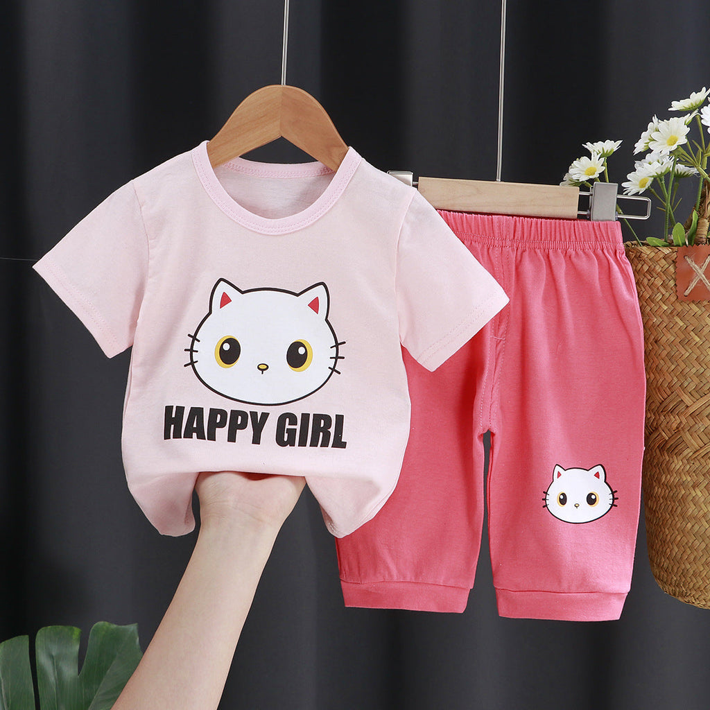 Baby Girl Lettering & Kitten Pattern T-Shirt And Shorts Baby Clothes Set - PrettyKid