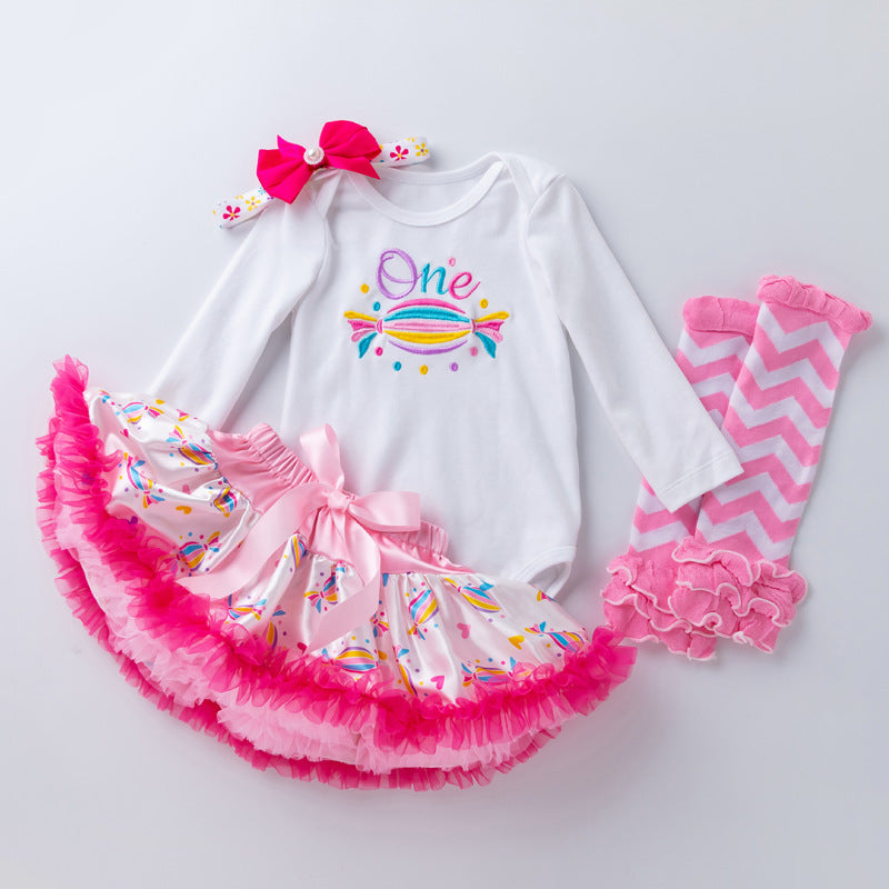 0-18M 4 Pieces Baby Girls Birthday Sets Embroidered Candy Bodysuit & Tutu Skirts Baby Clothes In Bulk - PrettyKid