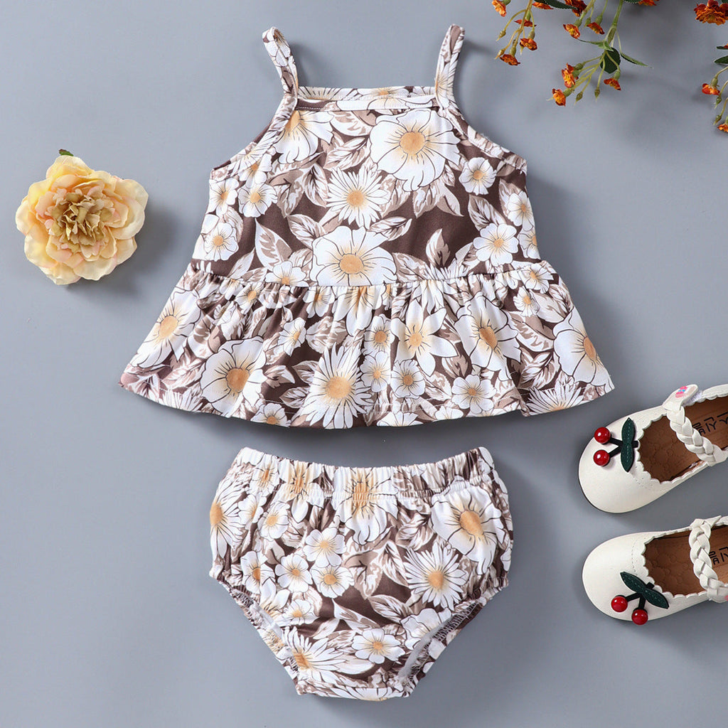 Baby Girl Floral Print Camisole Top And Briefs Baby Outfit Sets - PrettyKid