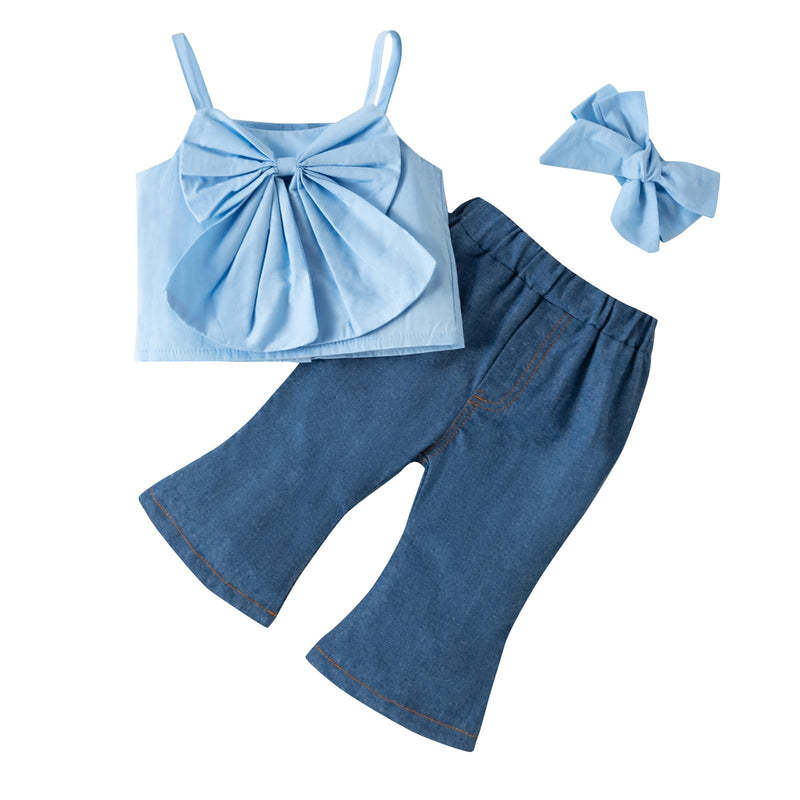 Baby Girl Bow Suspender Top And Denim Flares And Headband Cheap Baby Outfit Sets - PrettyKid