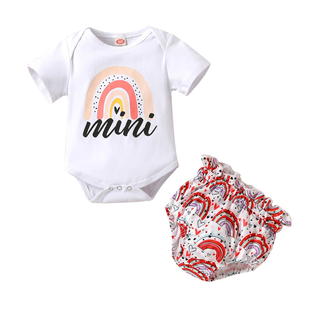 0-18M Rainbow Print Fungus Trim Short Sleeves Baby Girl Outfit Sets Wholesale Baby Clothes - PrettyKid